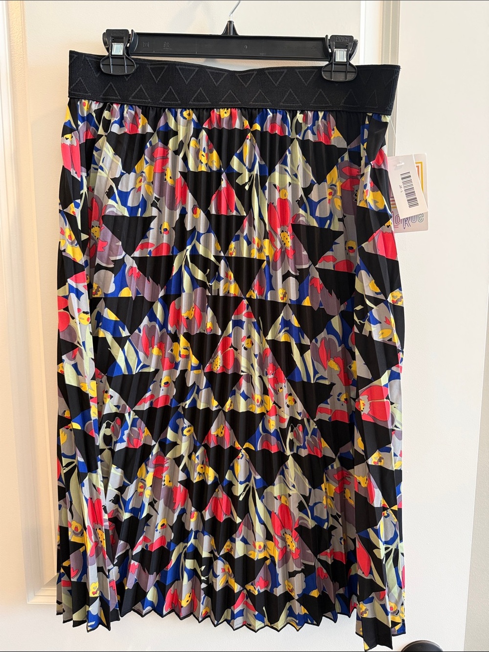 LuLaRoe Jill Black Multi Floral Geometric Pleated Midi Skirt